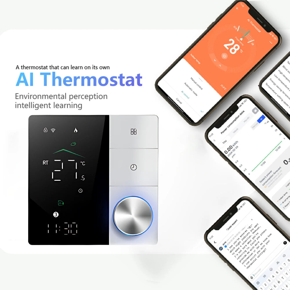 Smart Thermostat for House Electric Floor Heating WiFi AC thermostat with AI Smart Learning APP Control LED Digital Touch Screen