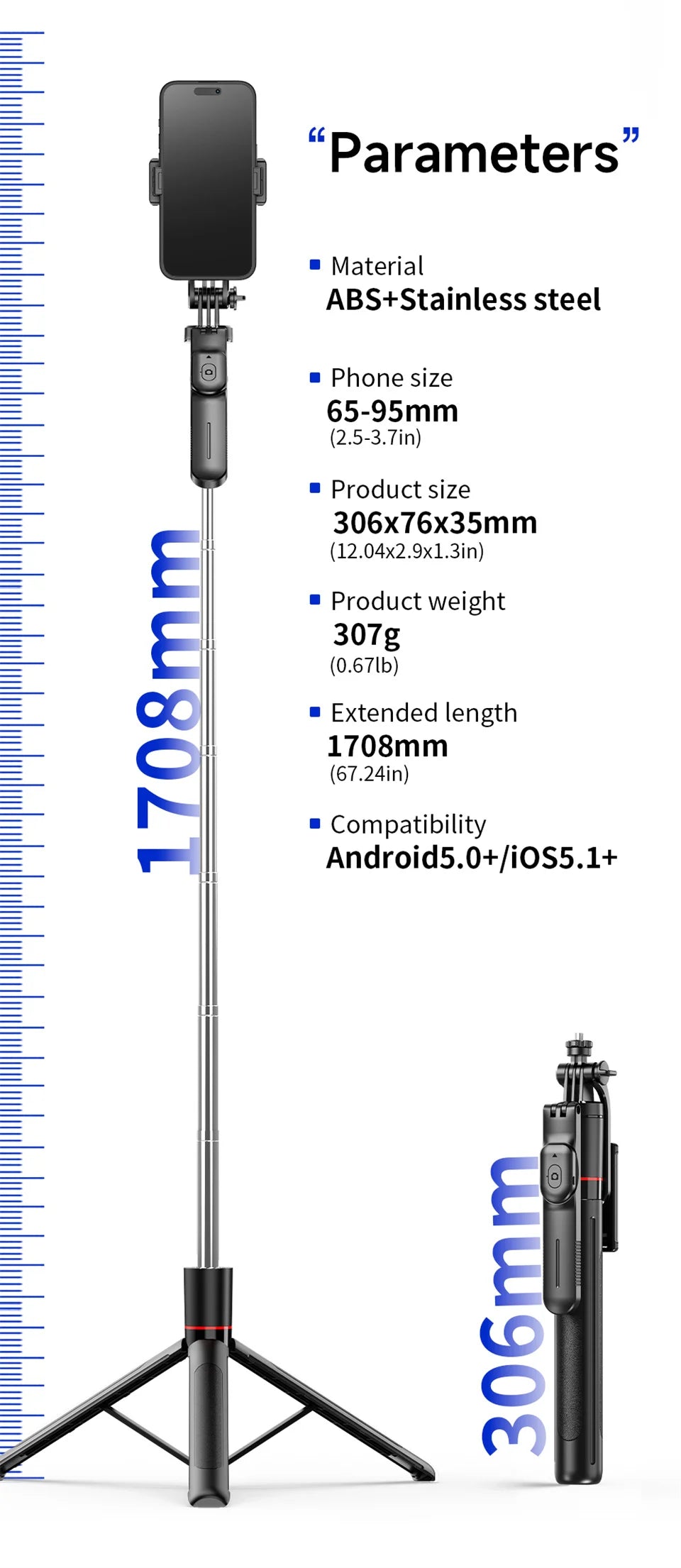 MEUYAG Trípode para palo selfie con luz de relleno monopié de 1708 mm de largo, control remoto Bluetooth, 360 °   Rotación, Interfaz 1/4, para teléfono móvil