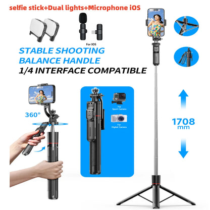 MEUYAG Selfie Stick Tripod 1708mm Long Monopod with Fill Light Bluetooth Remote 360° Rotation 1/4 Interface for Mobile Phones