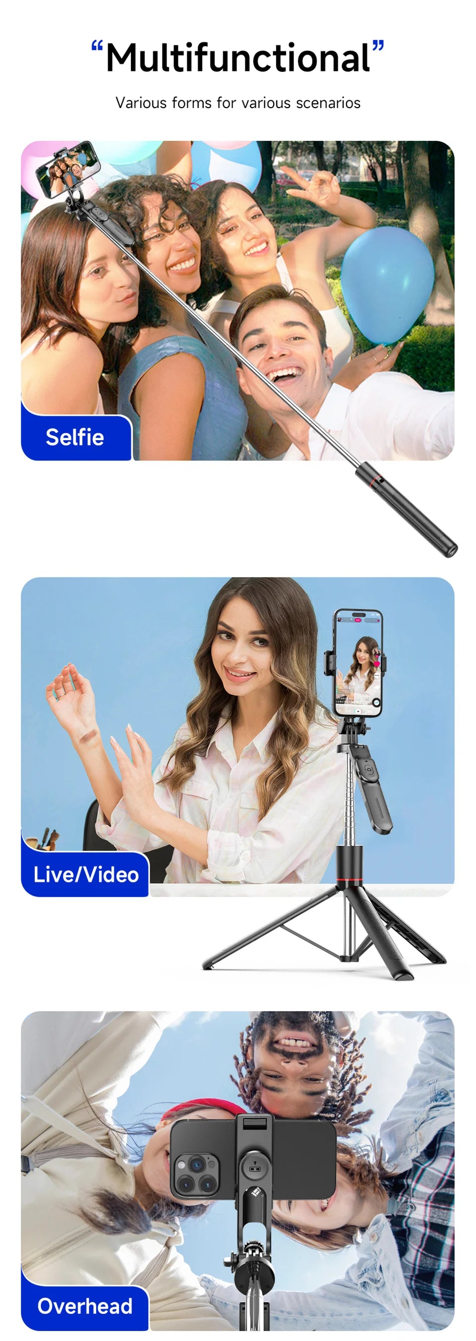 MEUYAG Selfie Stick Tripod 1708mm Long Monopod with Fill Light Bluetooth Remote 360° Rotation 1/4 Interface for Mobile Phones