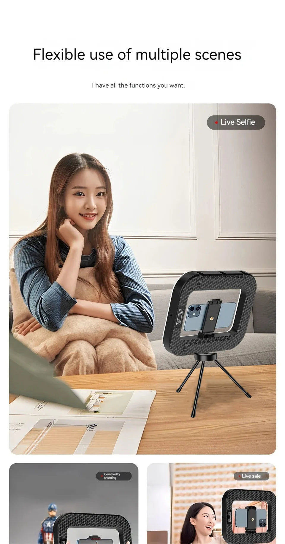 Roreta New Handheld Ring LED Rechargeable Portable Mobile Phone Live Broadcast Photography Desktop Rabbit Cage Selfie fill Light