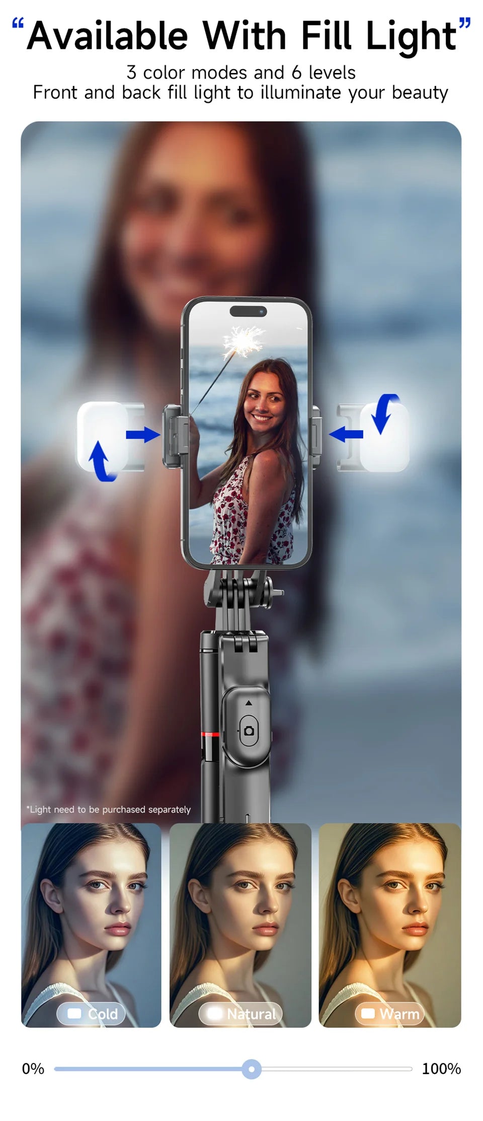 MEUYAG Trípode para palo selfie con luz de relleno monopié de 1708 mm de largo, control remoto Bluetooth, 360 °   Rotación, Interfaz 1/4, para teléfono móvil