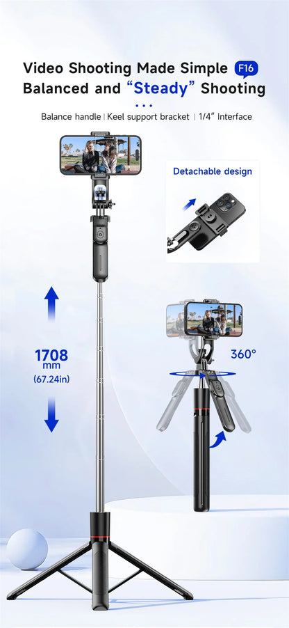 MEUYAG Selfie Stick Tripod 1708mm Long Monopod with Fill Light Bluetooth Remote 360° Rotation 1/4 Interface for Mobile Phones